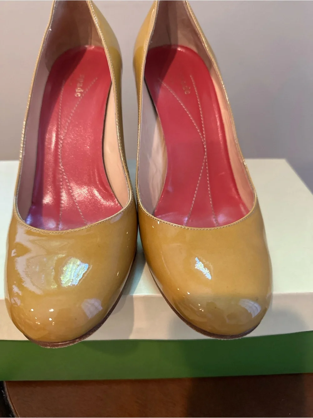 kate spade Kristen Patent Beige Leather Block Heel Pumps - Size 6
